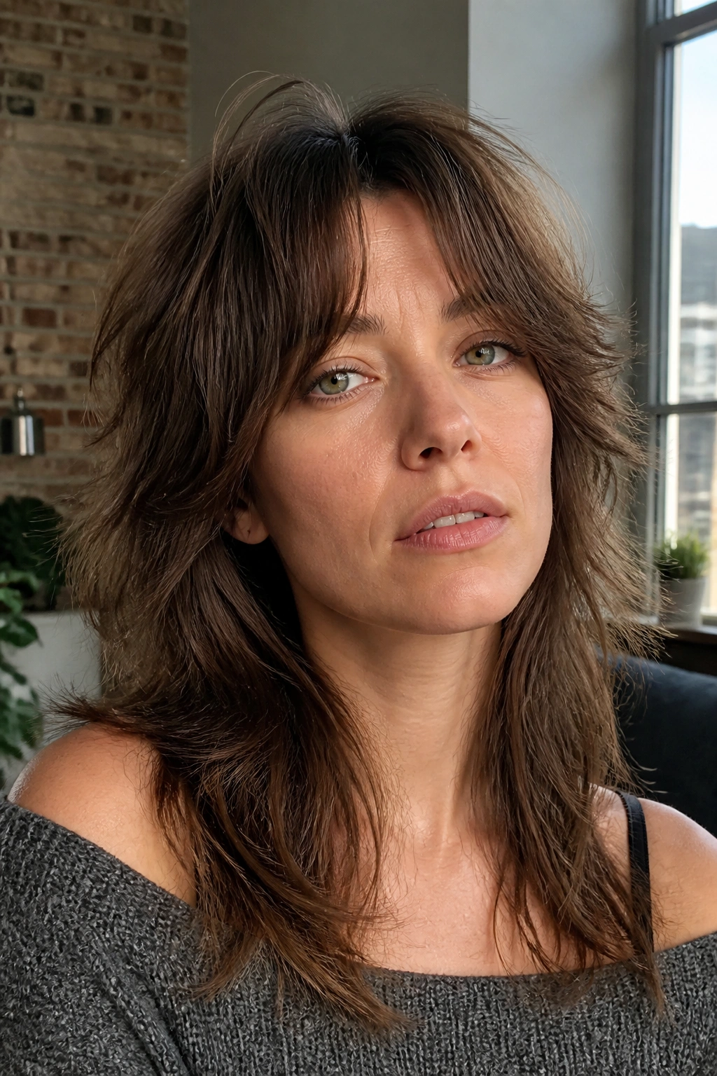 Close-up portrait of a real woman with bottleneck bangs and a soft shag texture.