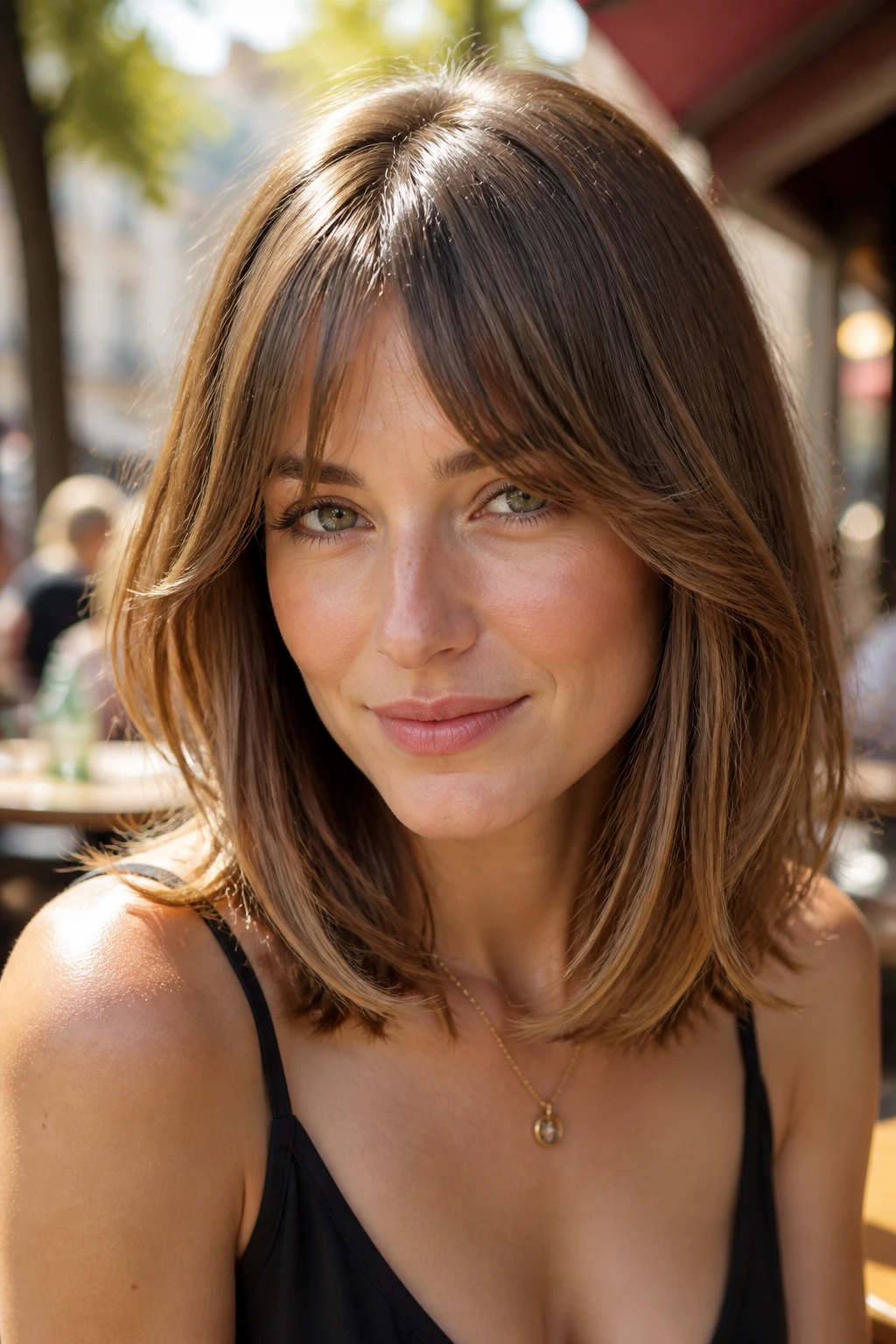 Close-up of a real woman with bottleneck bangs and a swingy lob.