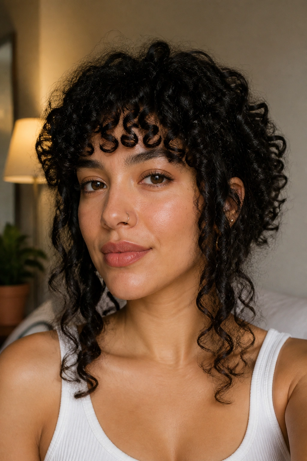 Close-up of a real woman with bottleneck bangs showing shorter center and longer temples