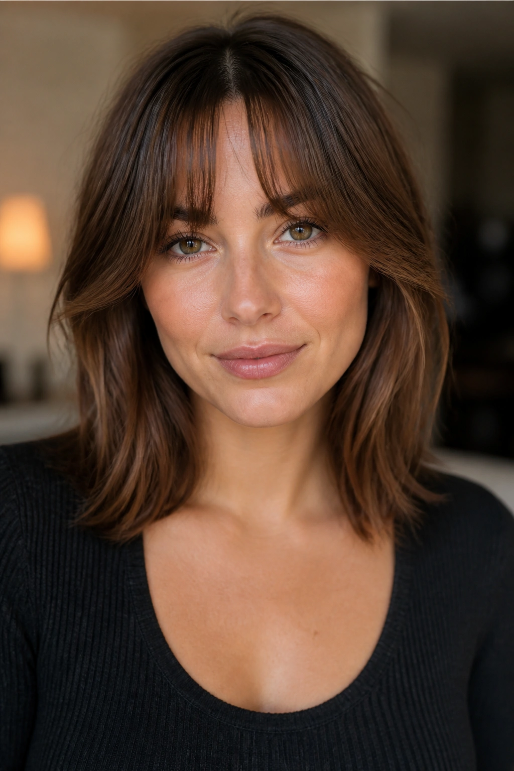 Close-up portrait of a person with bottleneck bangs opening at the temples
