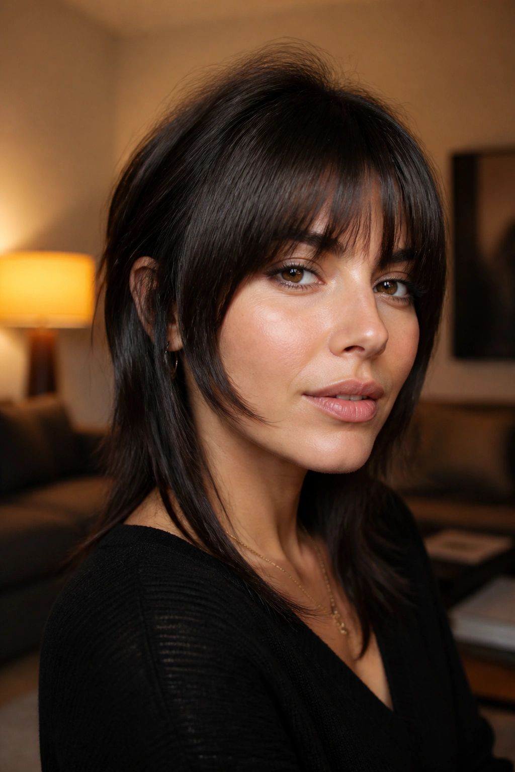 Close-up of a real woman with bottleneck bangs and longer temple pieces.