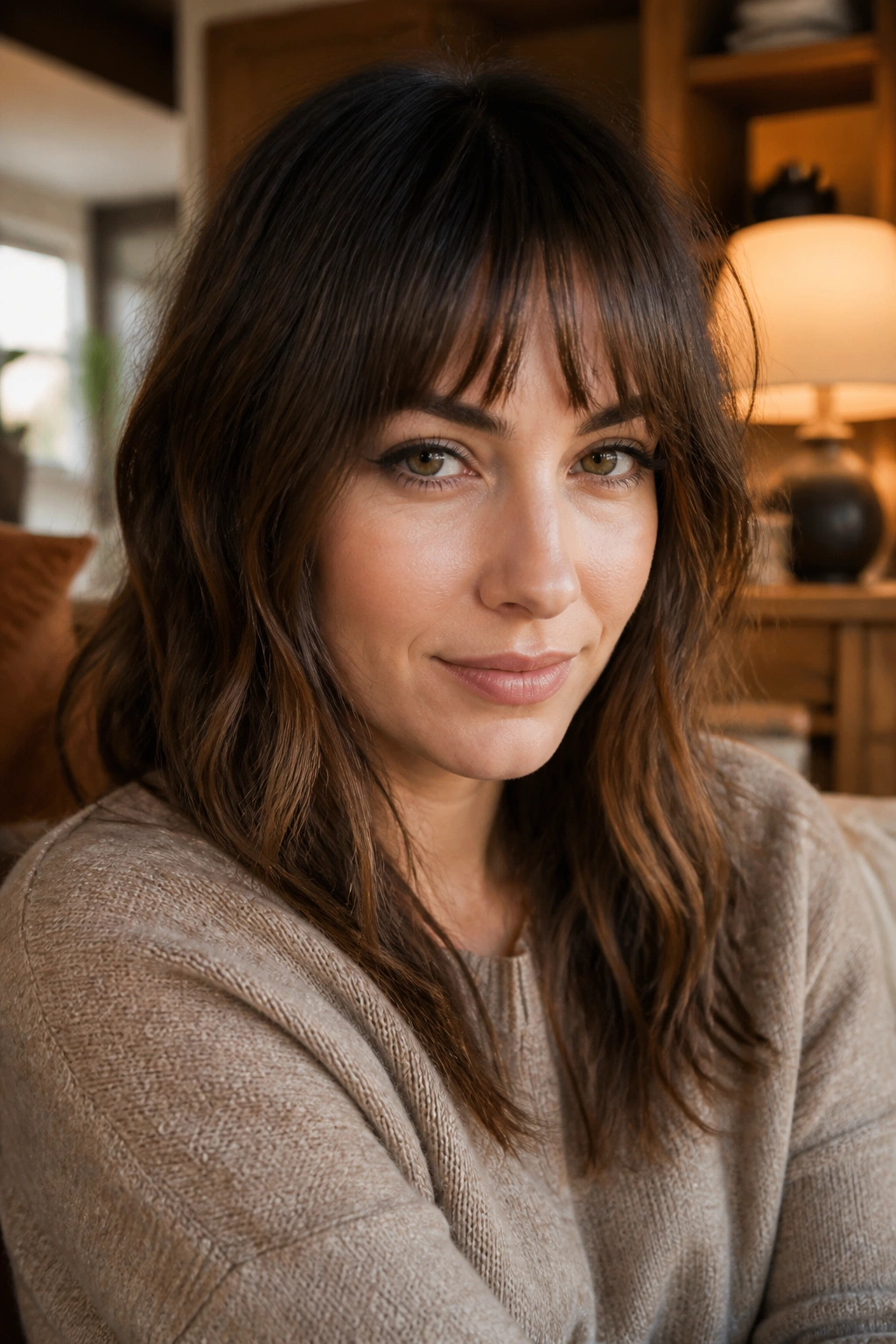 Close-up portrait of a real woman with bottleneck bangs