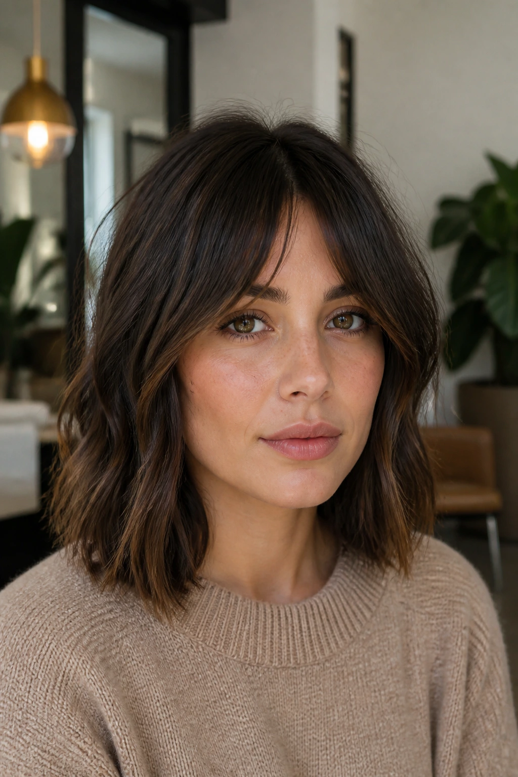 Portrait of a person with bottleneck bangs and textured lob in a chic interior setting.