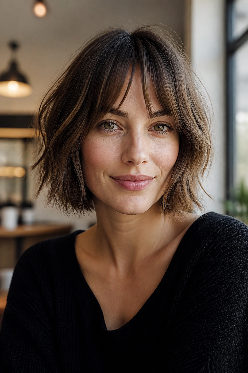 Close-up of a real woman with a tousled bob and bottleneck bangs framing the face