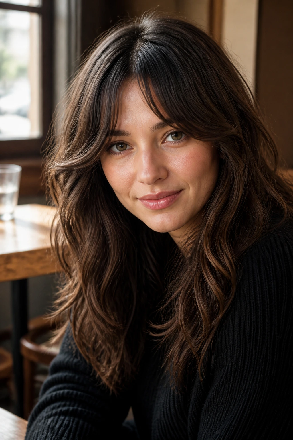 Close-up of a real woman with bottleneck bangs and tousled waves