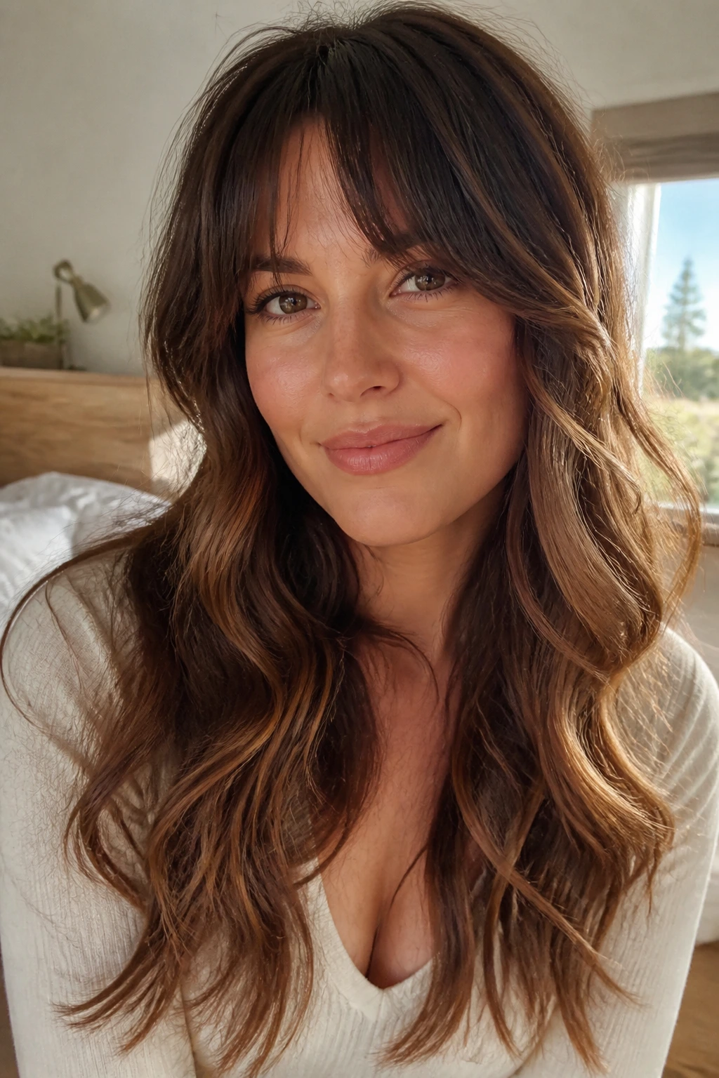 Close-up portrait of a real woman with bottleneck bangs and waves, soft natural light in a cozy bedroom