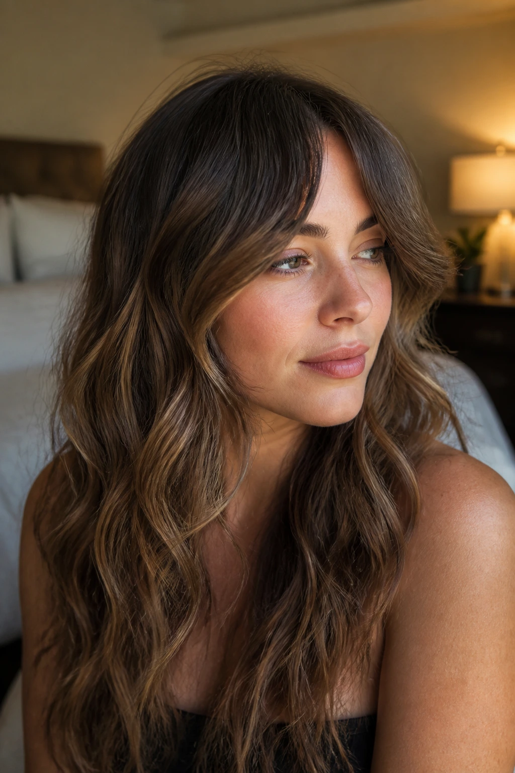 Close-up of bottleneck bangs with waves on a real woman, focal point on bangs.