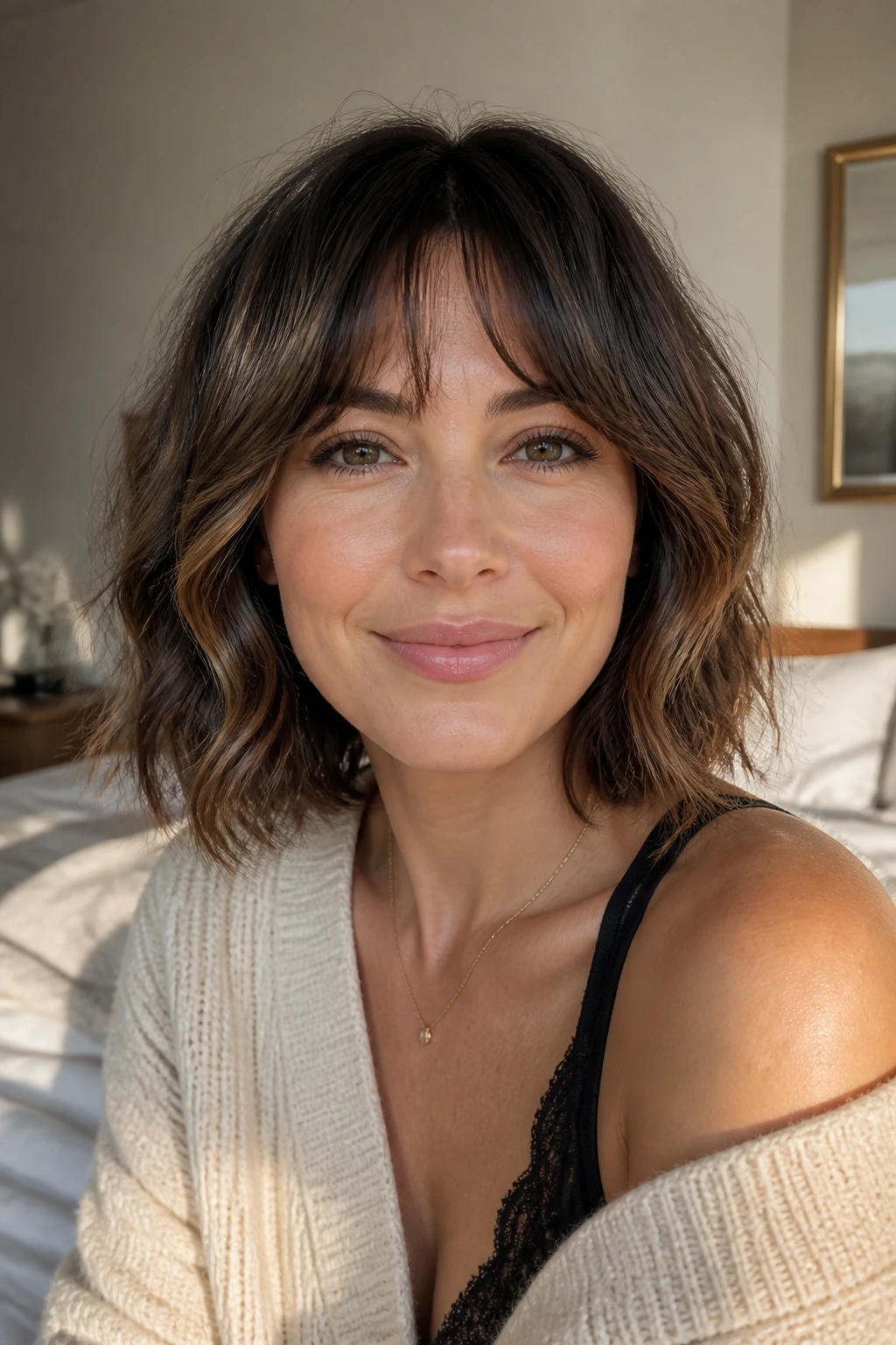 Close-up of a real woman with wavy bob and bottleneck bangs