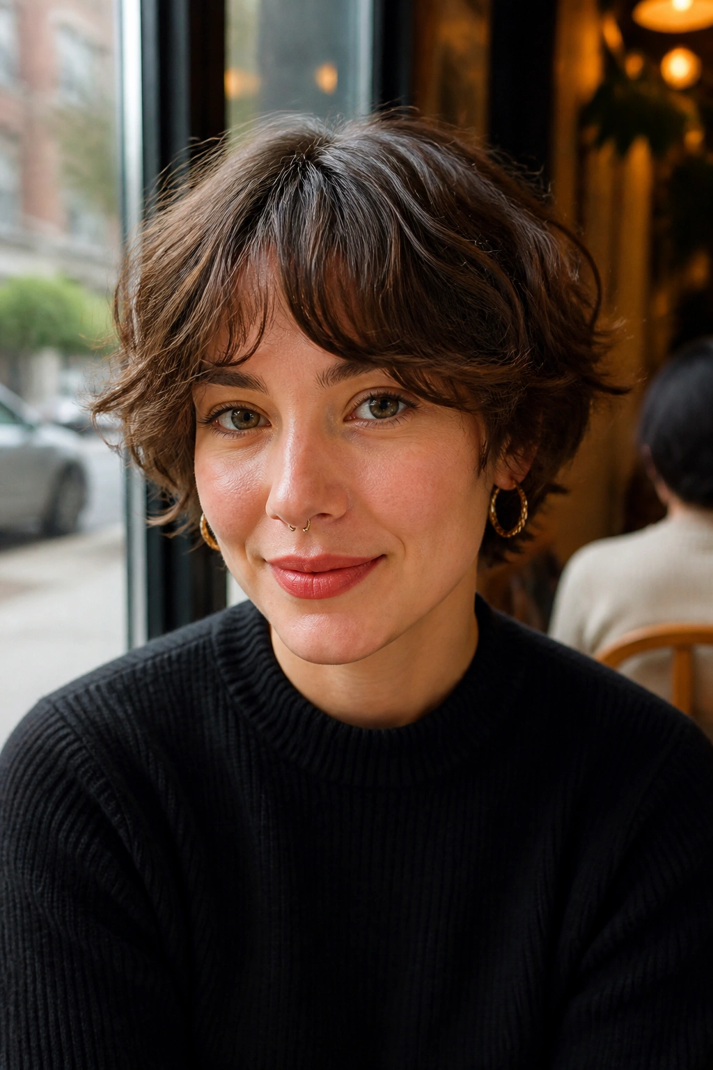 Close-up of a real person with bottleneck bangs and a wavy crop.