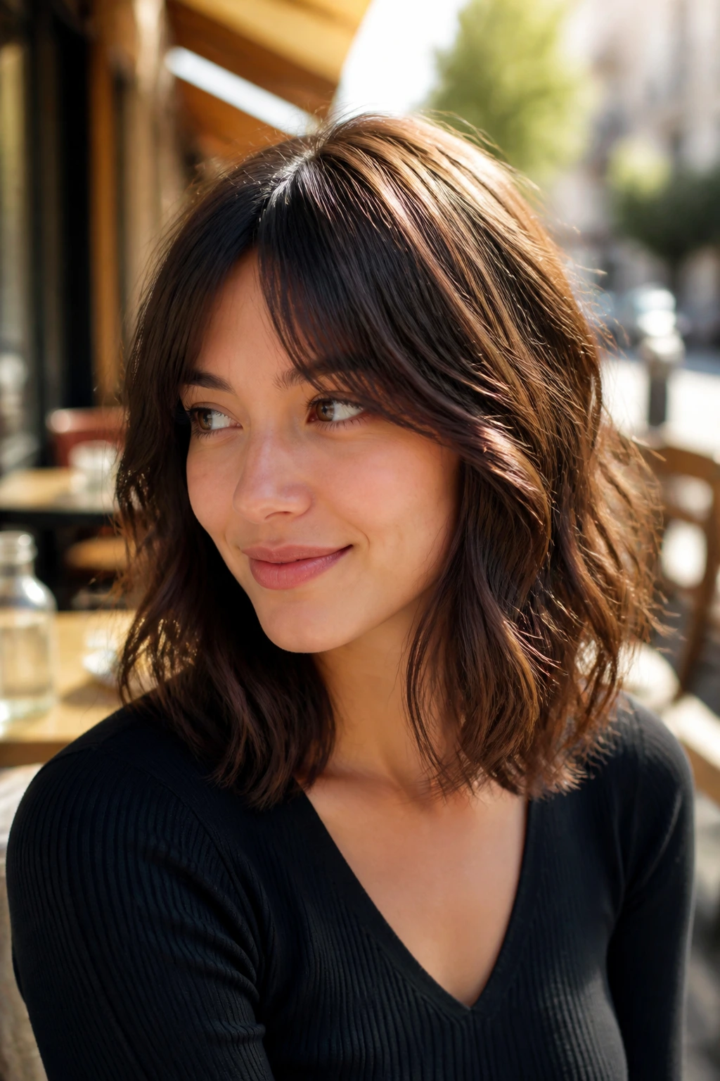 Close-up of a real woman with bottleneck bangs and wavy lob