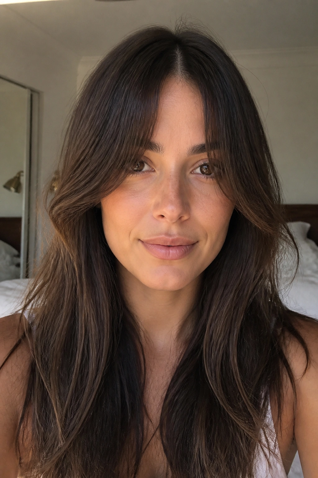 Close-up portrait of a woman with bottleneck bangs and a soft middle window