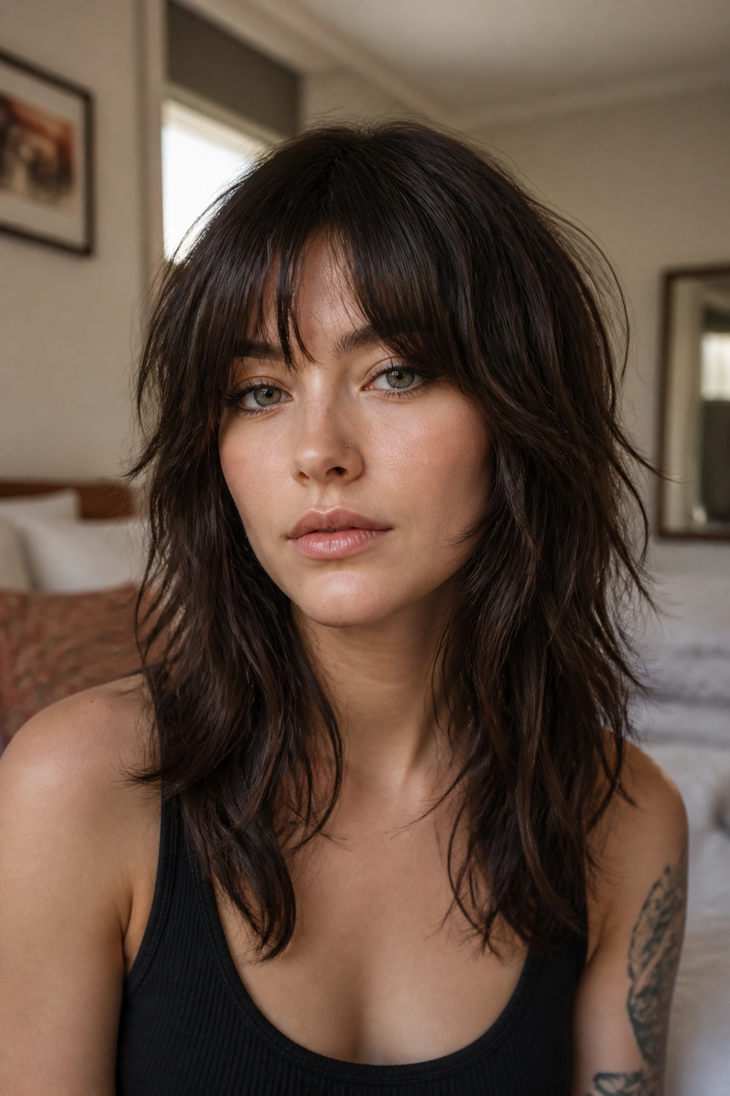 Close-up portrait of a real woman with bottleneck bangs wolf cut in warm window light