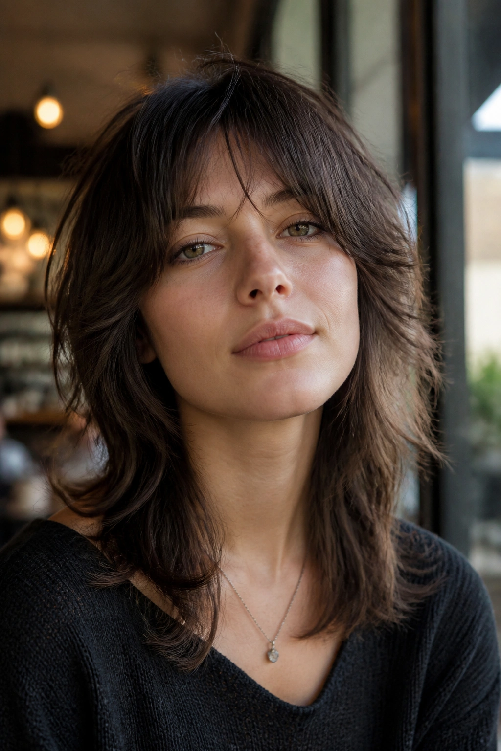 Close-up of a real person with bottleneck bangs wolf cut.