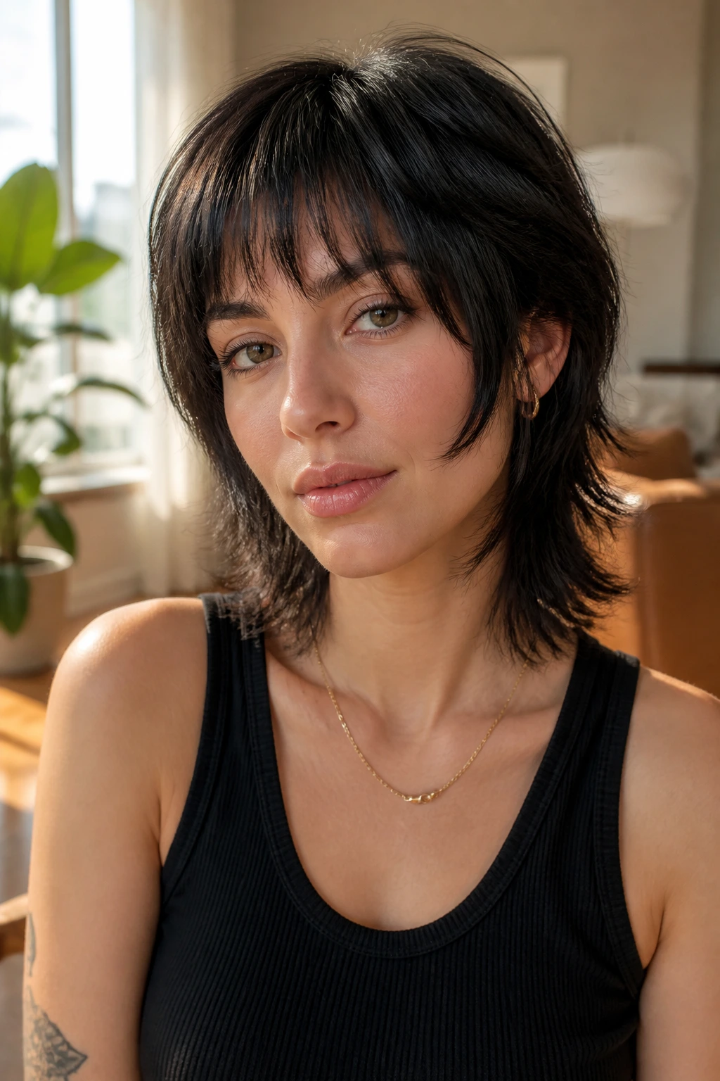 Close-up portrait of a real woman with bottleneck bangs and a wolf cut.