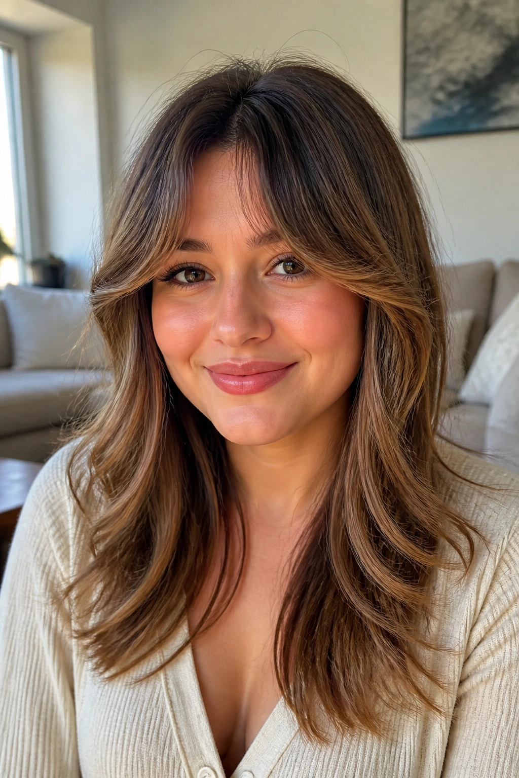 Close-up portrait of a real woman with bottleneck curtain bangs, narrow center and wider sides