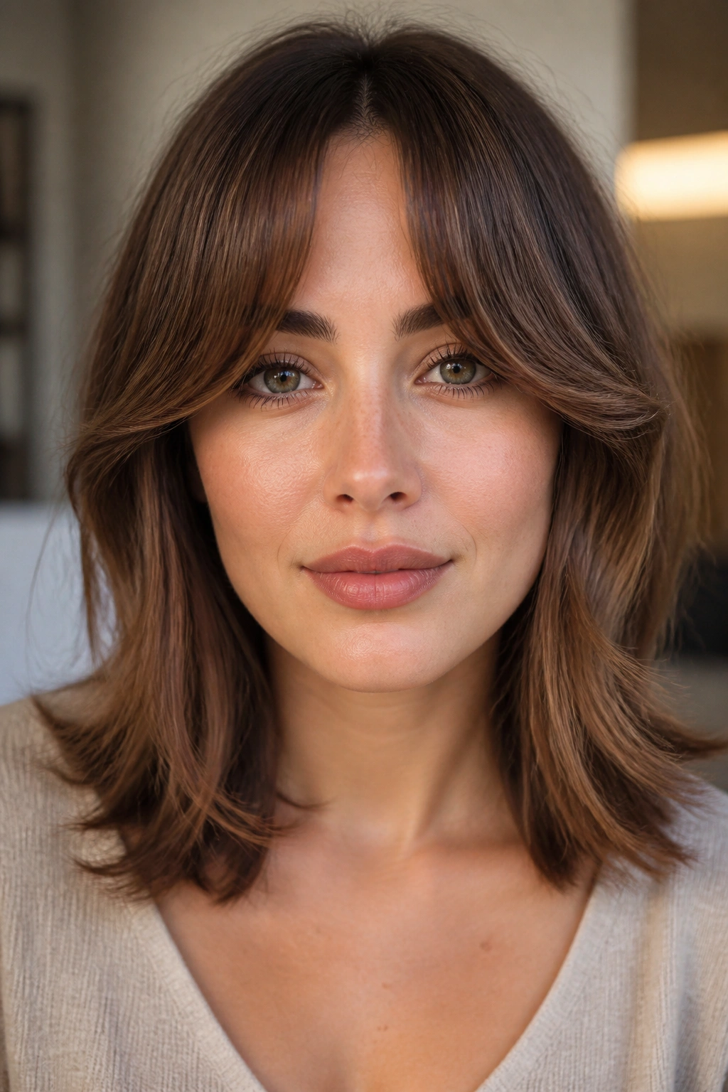 Real woman wearing bottleneck curtain bangs with a narrow center widening outward.