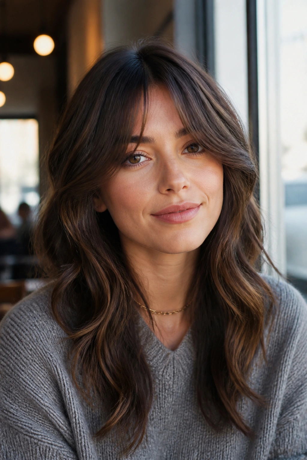Close-up of a real woman with bottleneck curtain bangs featuring a narrow center and wider outer pieces in natural light.