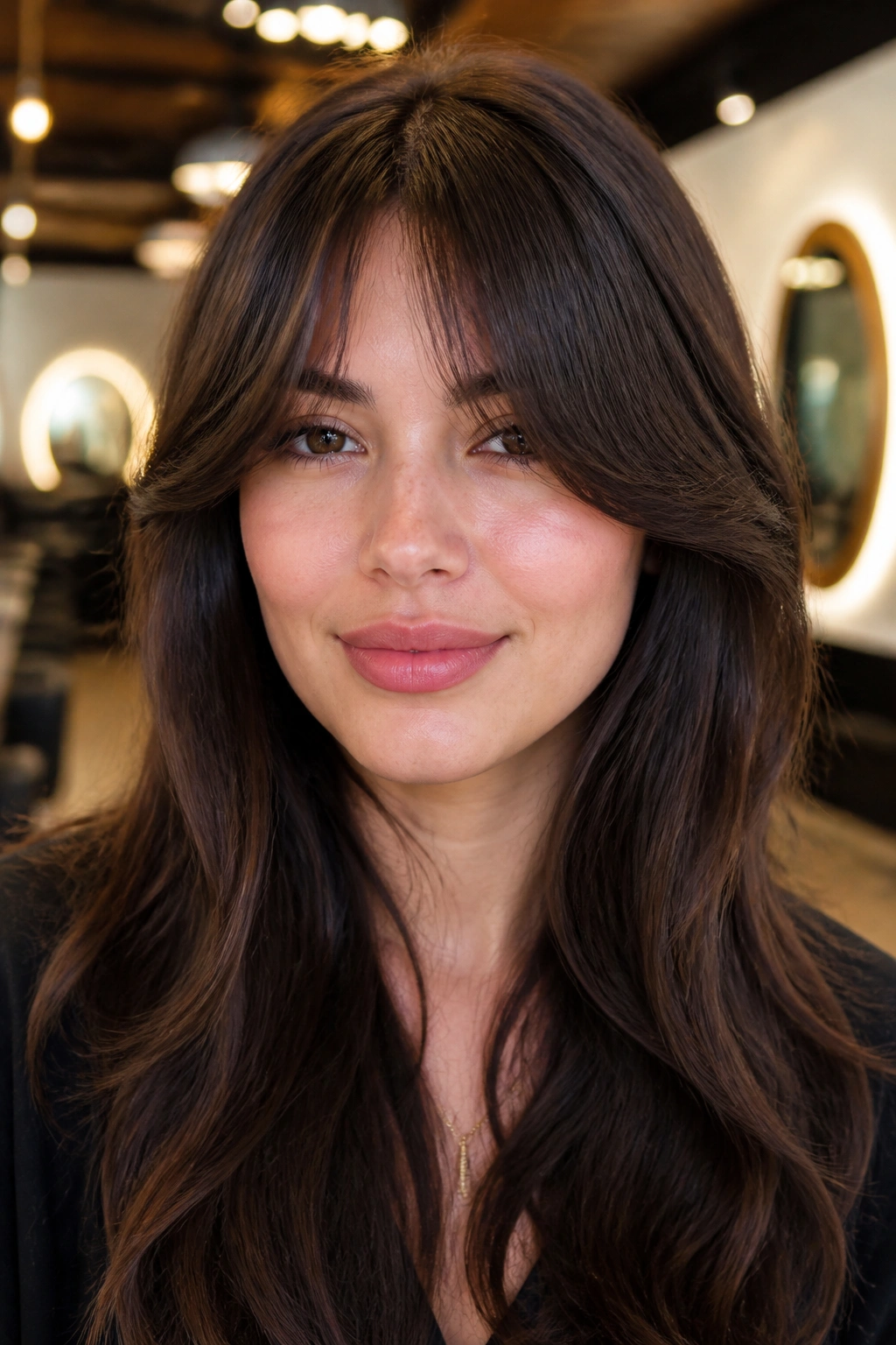 Close-up of a woman with bottleneck curtain bangs narrowing at center