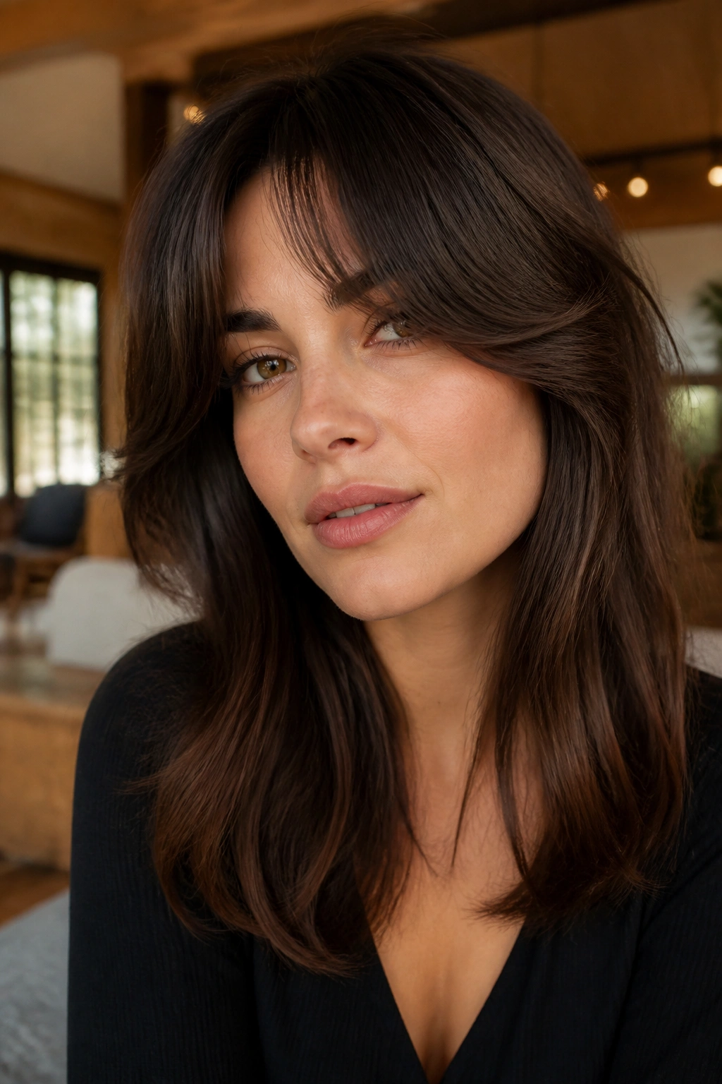 Portrait of a real woman with bottleneck curtain bangs