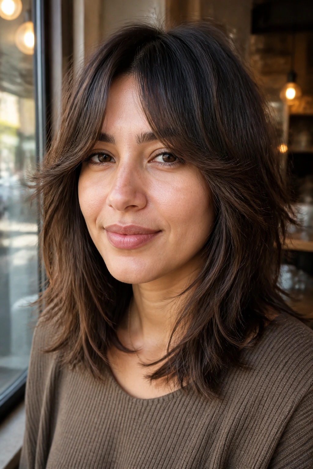Close-up portrait featuring a bottleneck curtain fringe on a real person.