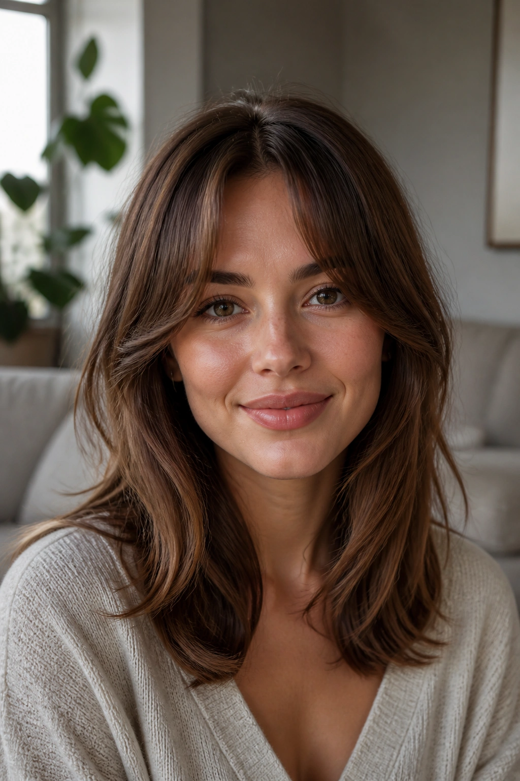 Close-up of a real woman with bottleneck curtain bangs in mocha brown, center-short with outward taper