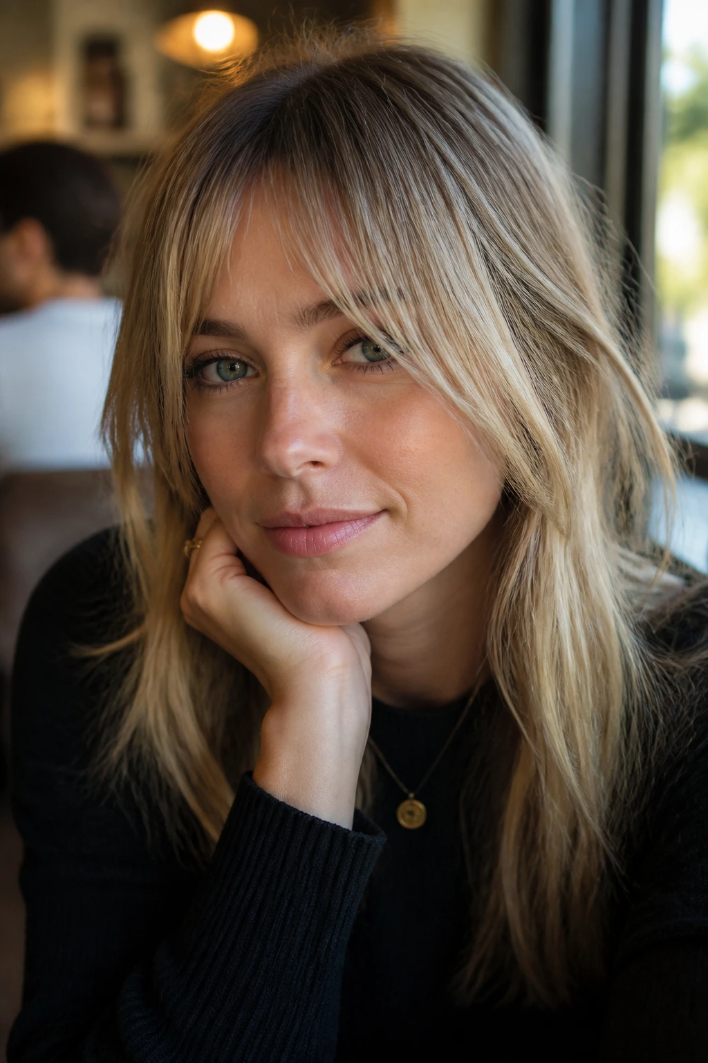 Close-up portrait of bottleneck French fringe on fine hair with airy center