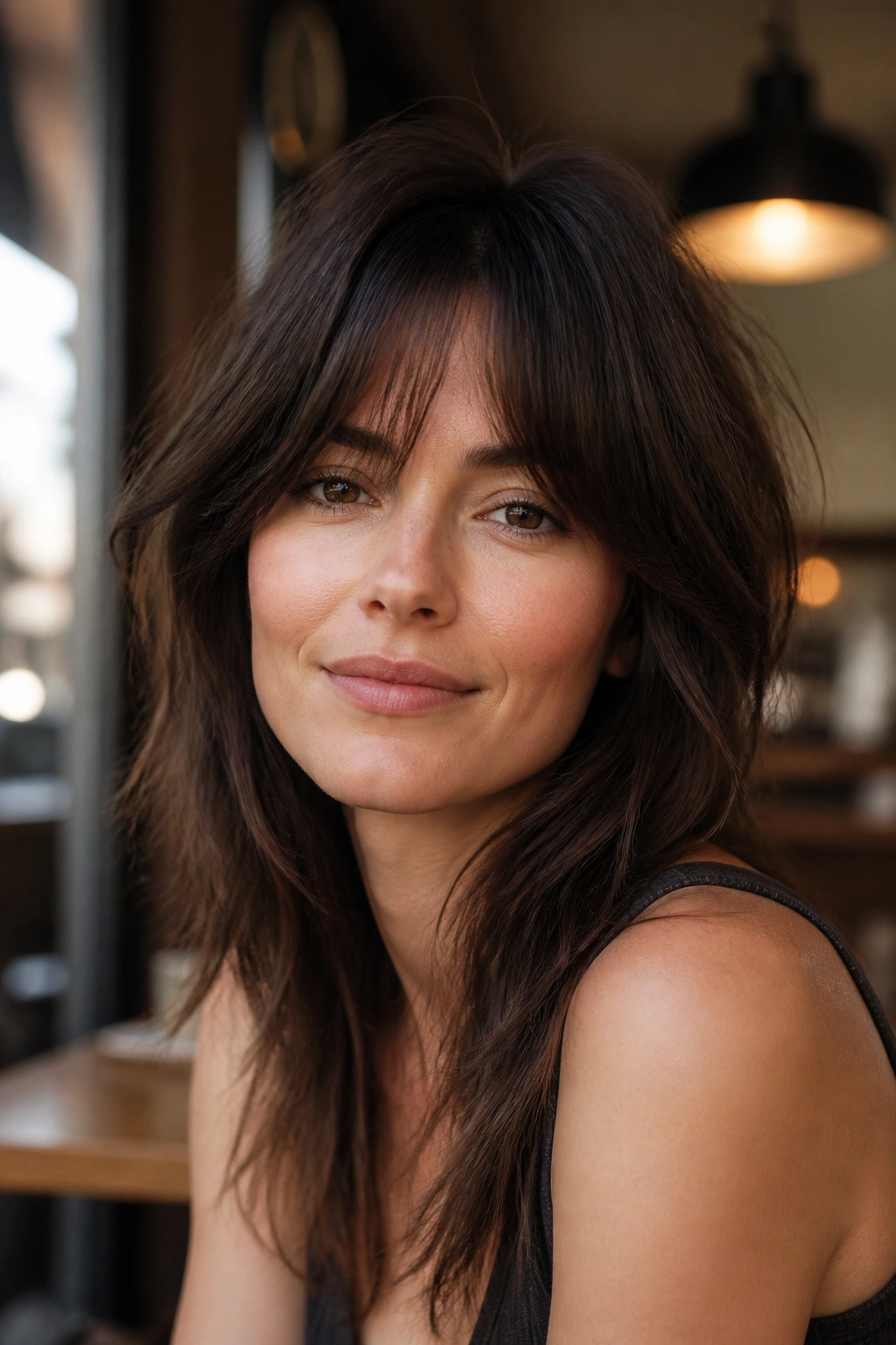 Close-up of bottleneck fringe on brunette with forehead framing