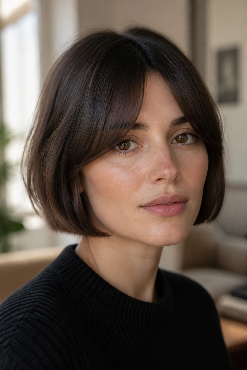 Close-up of bottleneck fringe on a real woman's French bob.