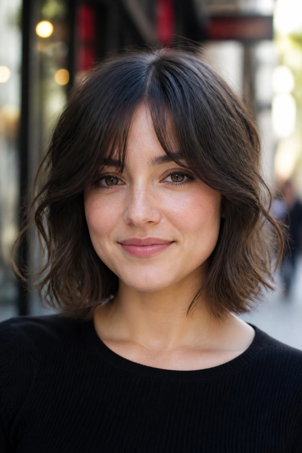 Close-up portrait of a real woman with bottleneck fringe and lob for round face.