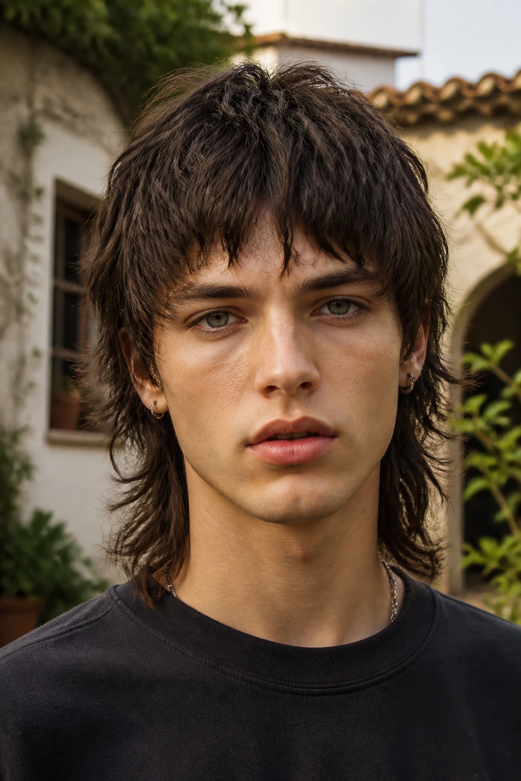 Close-up portrait of a real person with bottleneck fringe mullet outdoors
