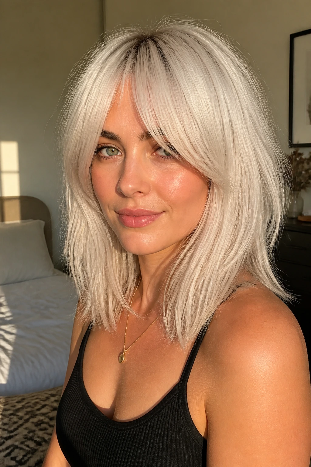 Close-up portrait of a real woman with bottleneck fringe on shoulder-length platinum hair