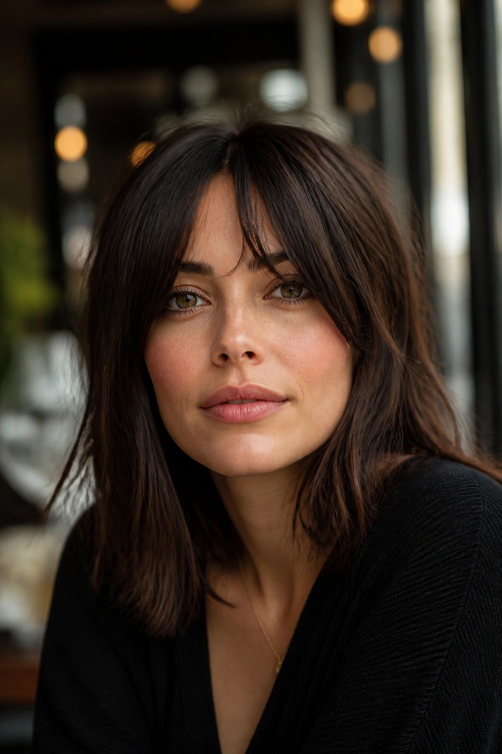 Close-up of a real woman with cheekbone-grazing bottleneck fringe between brows and cheekbones, warm cafe light.