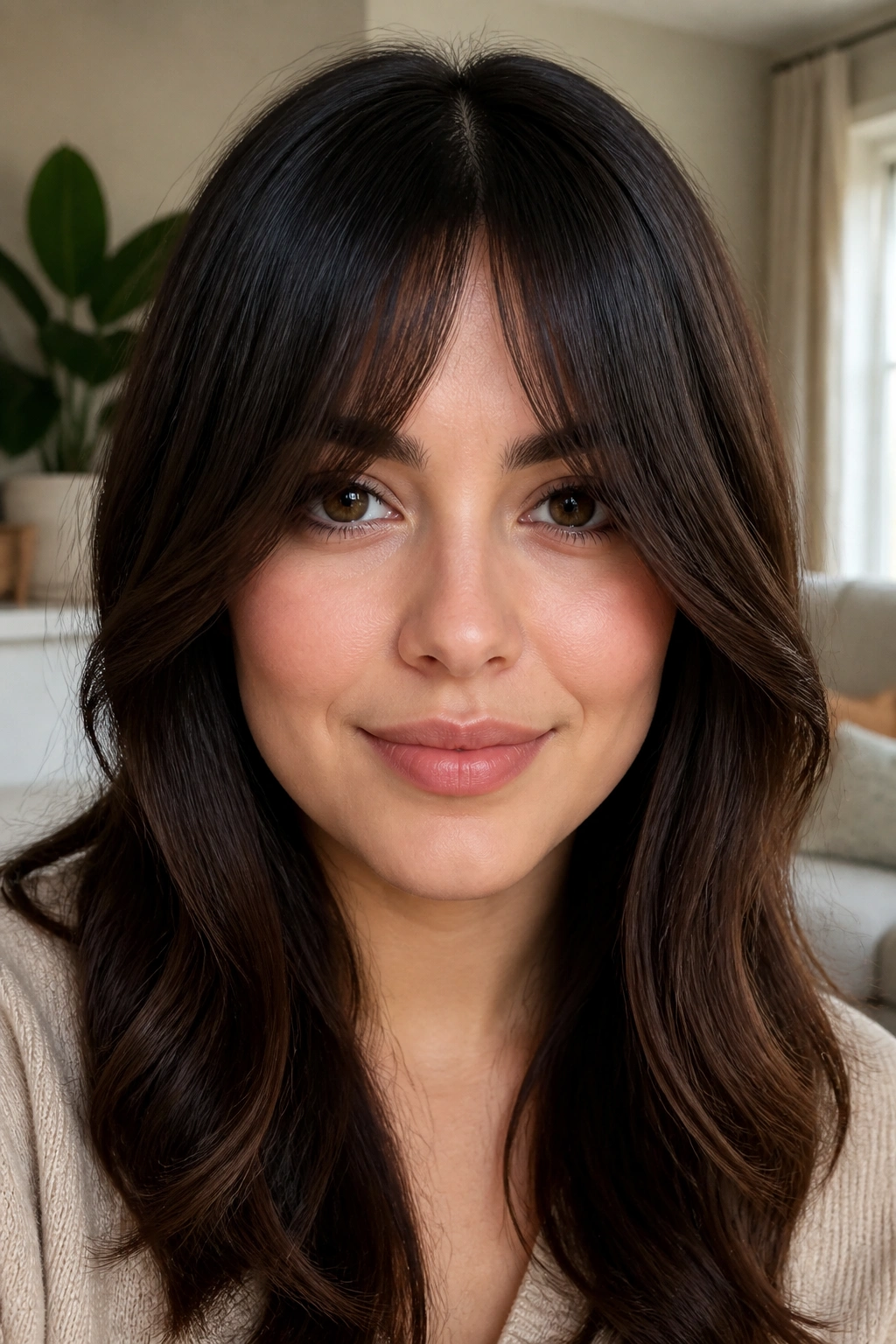 Close-up of a real woman with bottleneck fringe narrowing at center and widening at cheeks