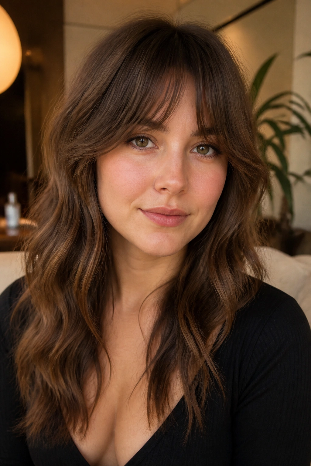 Close-up of a real woman with bottleneck fringe above the brow and cheekbone-length sides