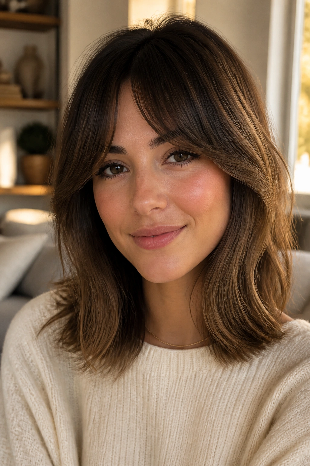 Close-up of a real woman with bottleneck fringe and shoulder-length ends