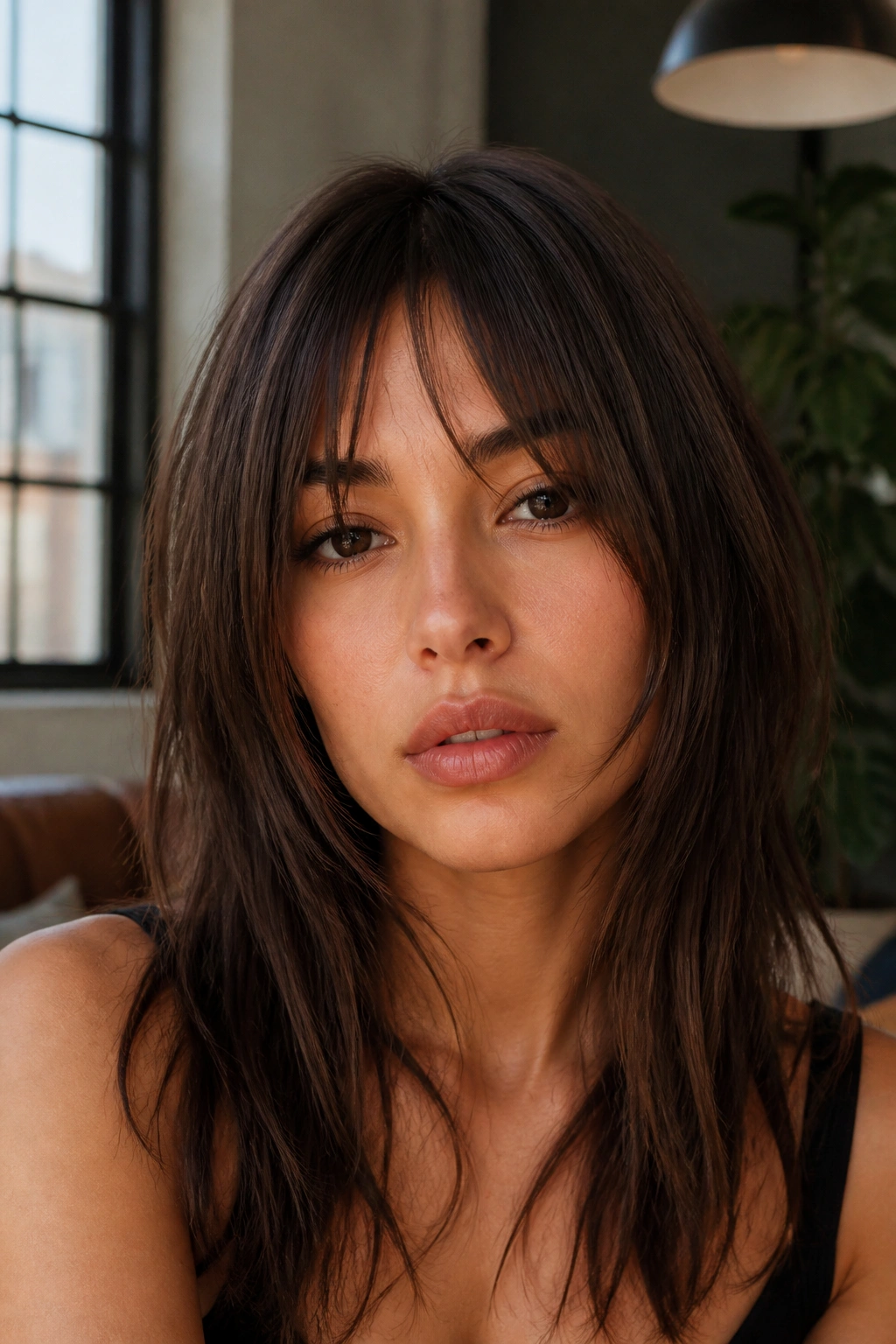 Portrait of a woman with bottleneck fringe and tapered ends in an urban loft.