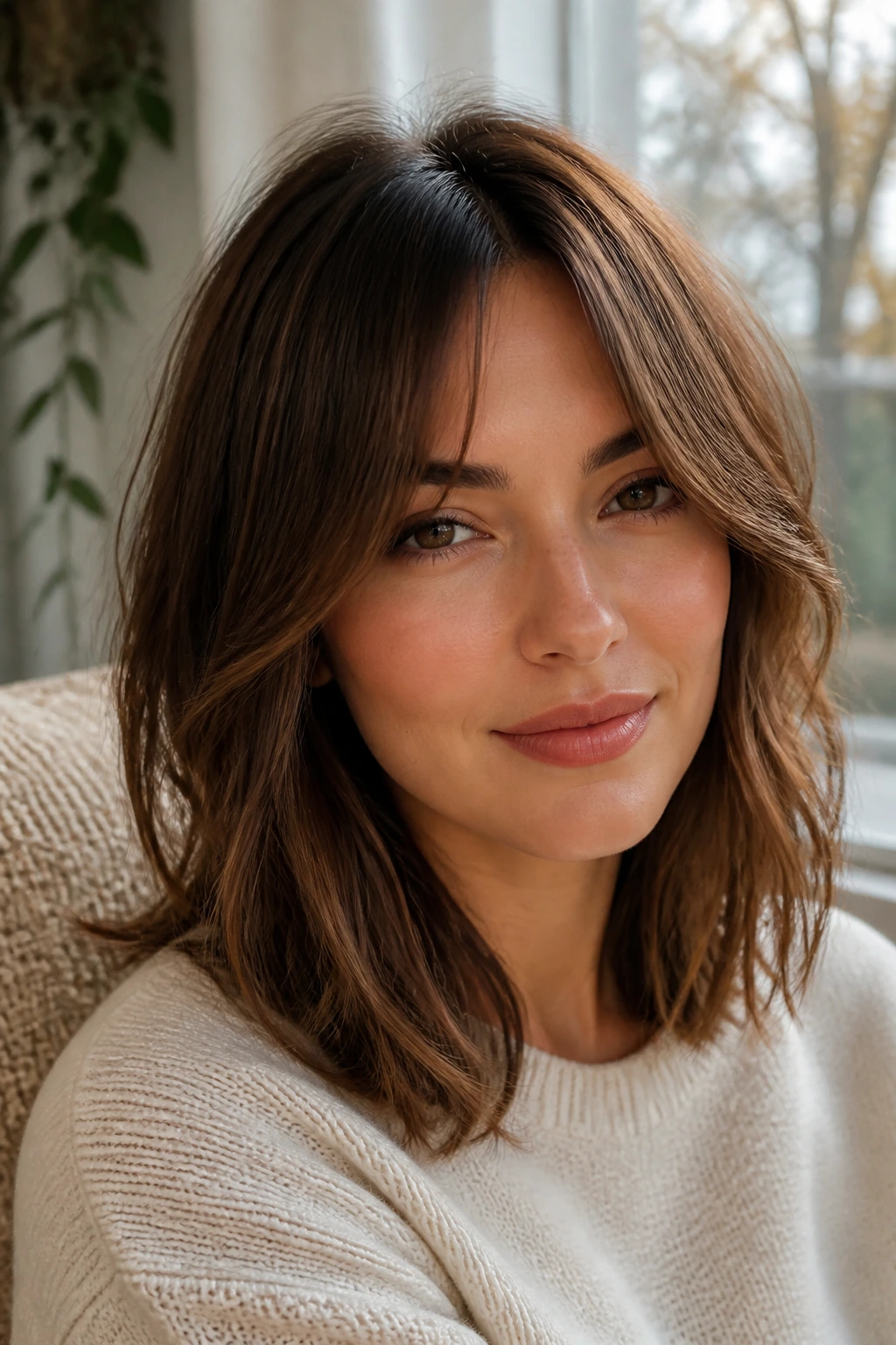 Close-up portrait of a real woman with bottleneck bangs and a lob in soft window light