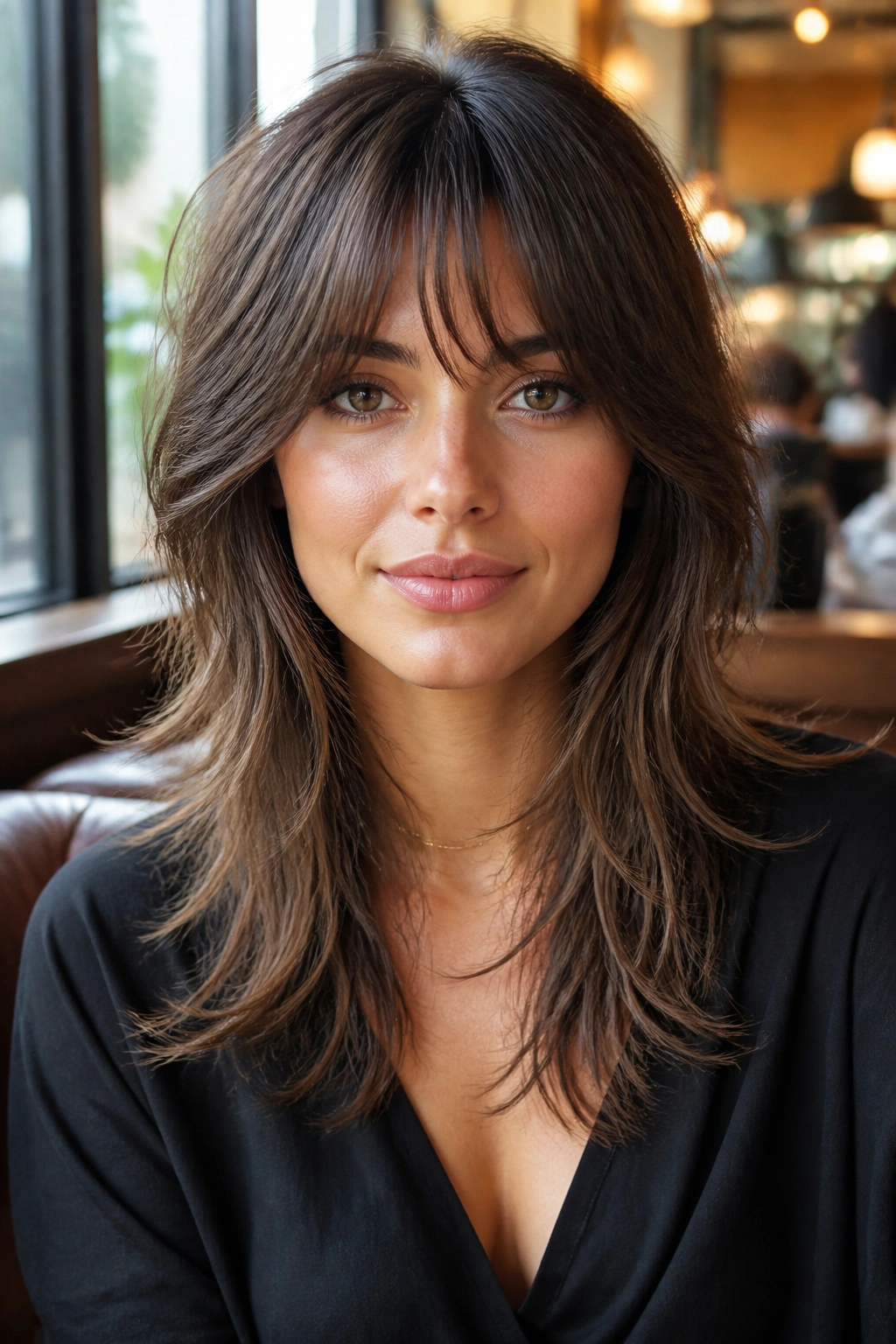 Woman with bottleneck bangs and tapered fringe in a frontal portrait.