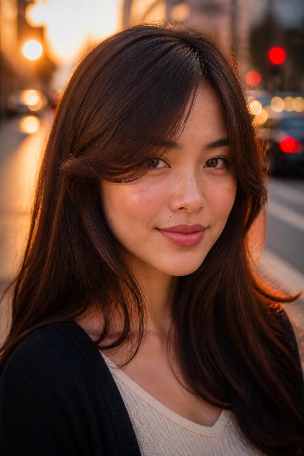 Close-up of a real woman with bottleneck-inspired side bangs.