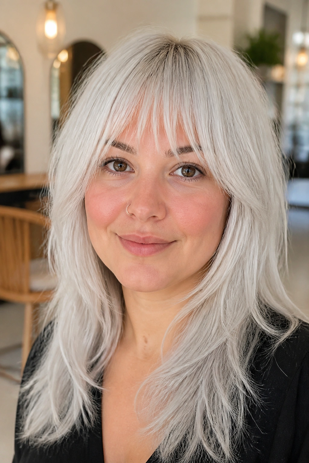 Close-up portrait of a real woman with bottleneck white bangs in a modern salon