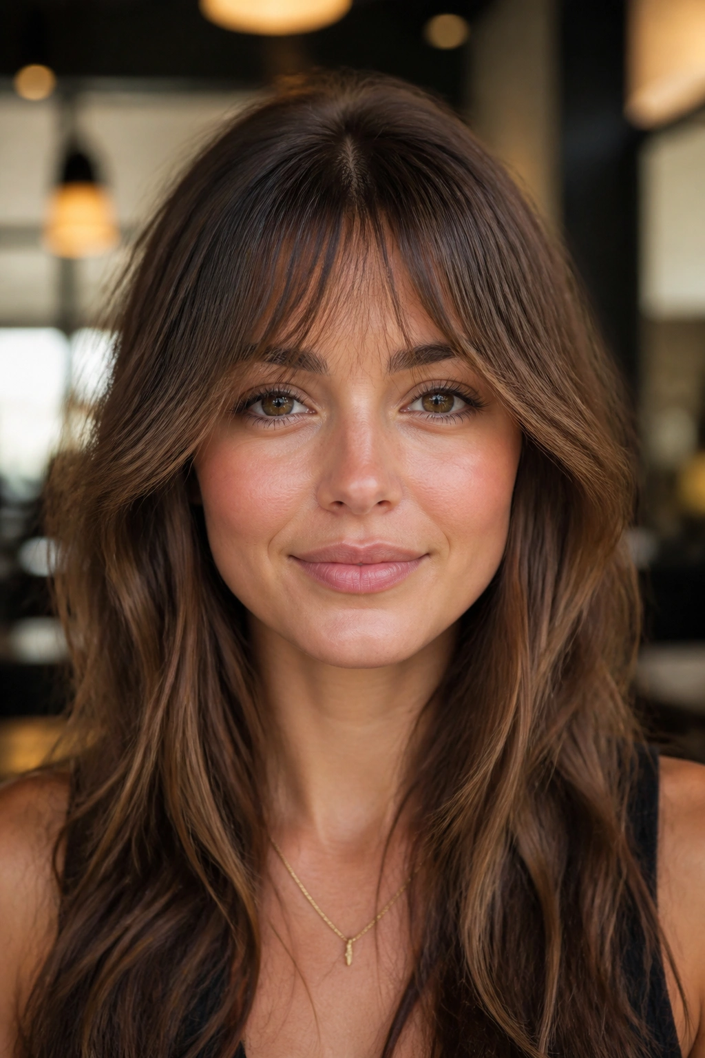Close-up portrait of a woman with bottleneck wispy bangs