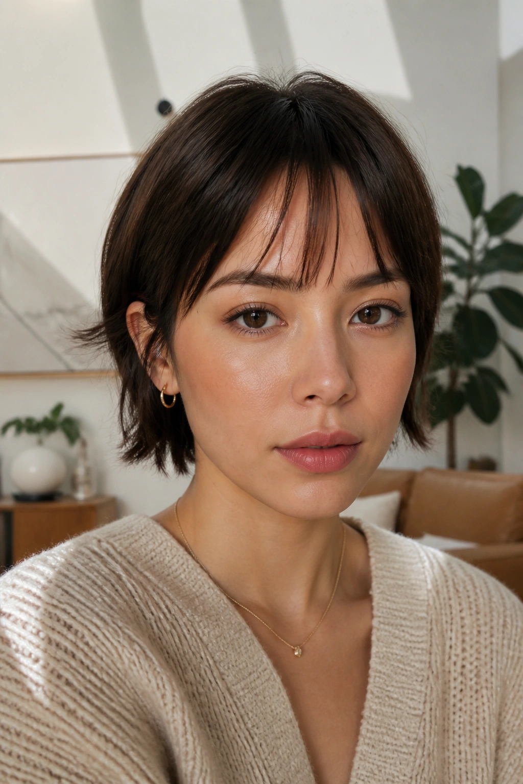 Close-up of a real woman with bottleneck wispy bangs cut short