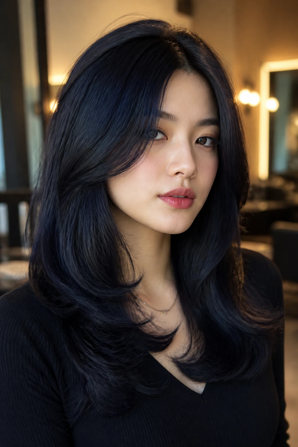 Close-up of bouncy blowout blue-black hair with crown volume on a real person in a salon.