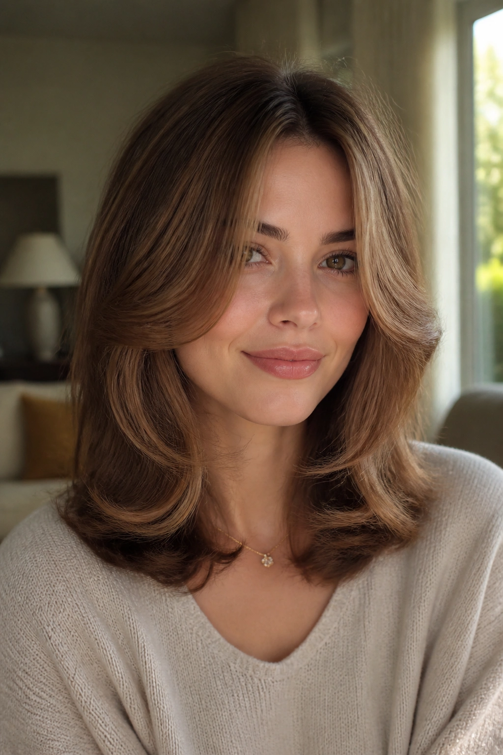 Close-up portrait of a woman with a bouncy layered rounded blowout under warm window light