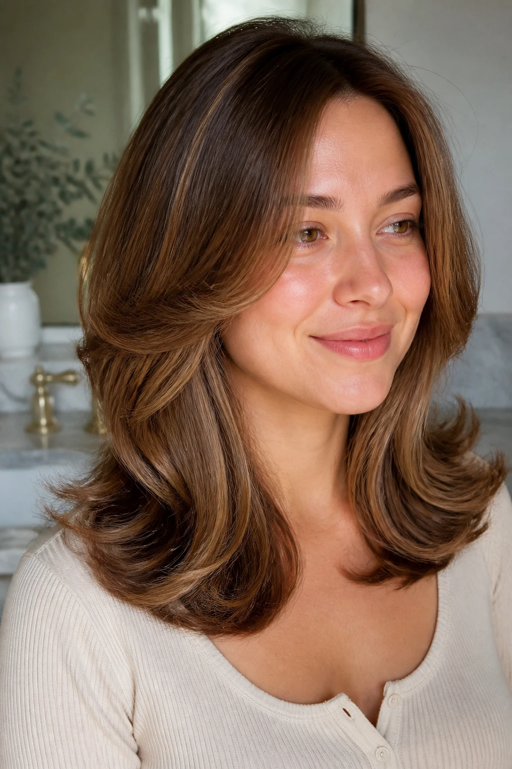 Close-up of a woman with bouncy medium layers styled with a round brush in a bright bathroom.