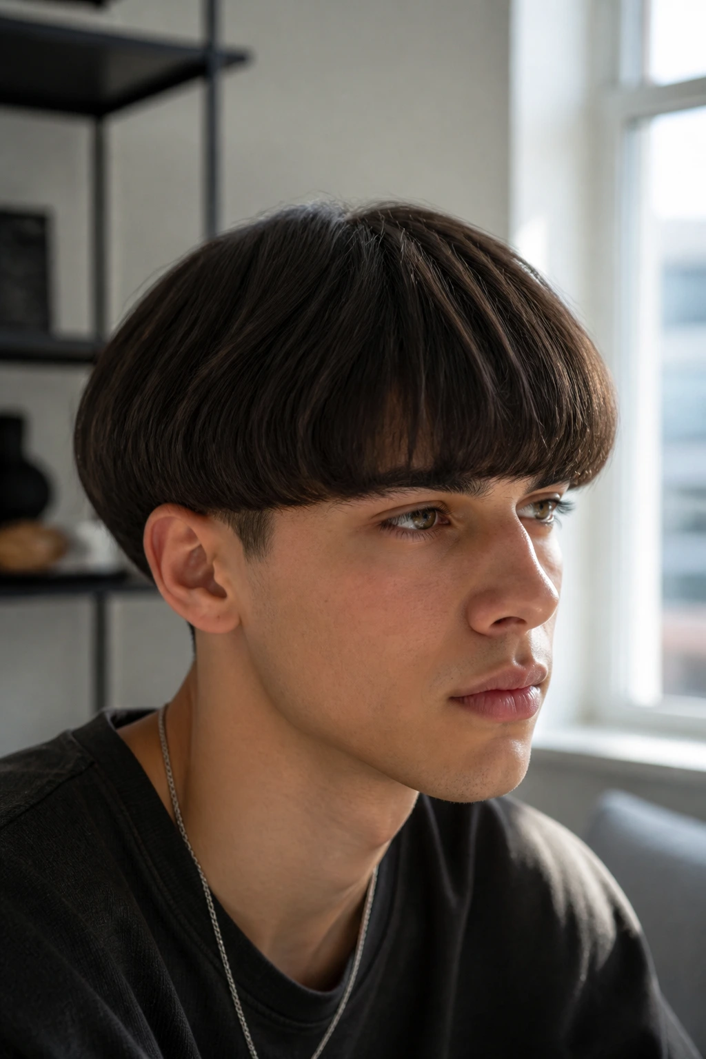 Man with bowl-bob hybrid hairstyle in a minimal apartment.