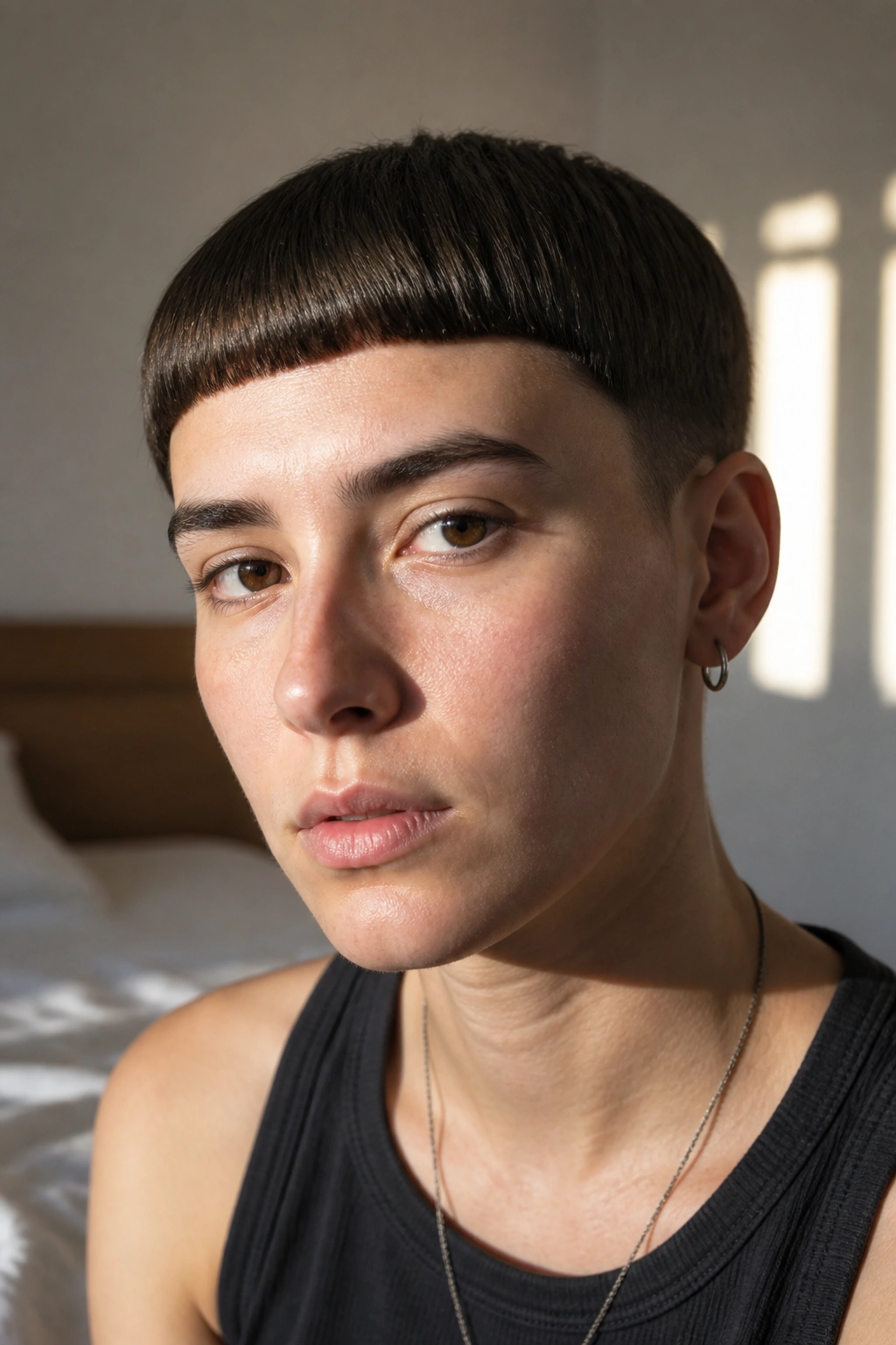 Close-up portrait of a real person with a blunt micro bowl cut and sharp hairline edge.