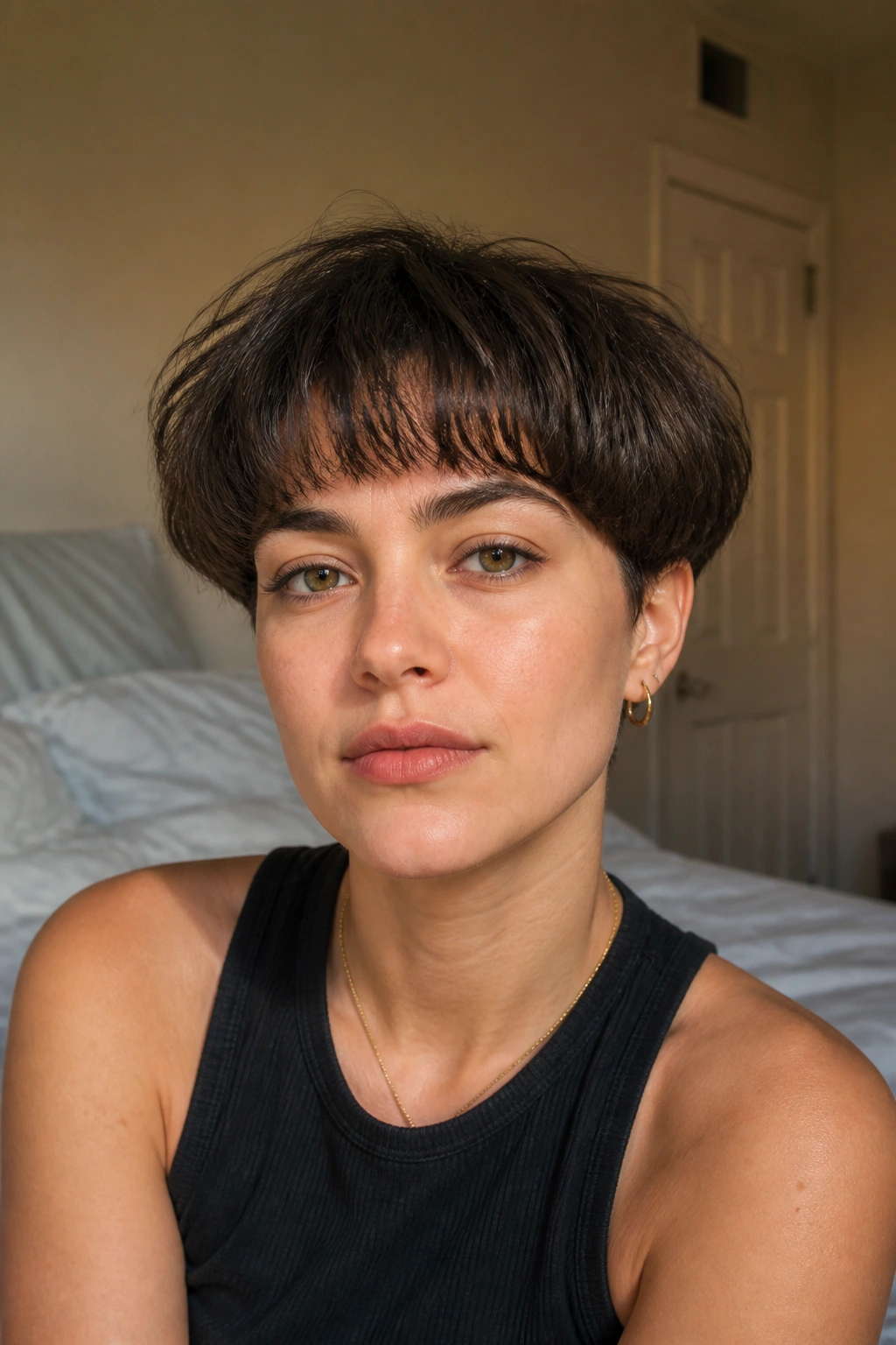 Close-up of a woman with a messy bowl cut and broken fringe in warm window light
