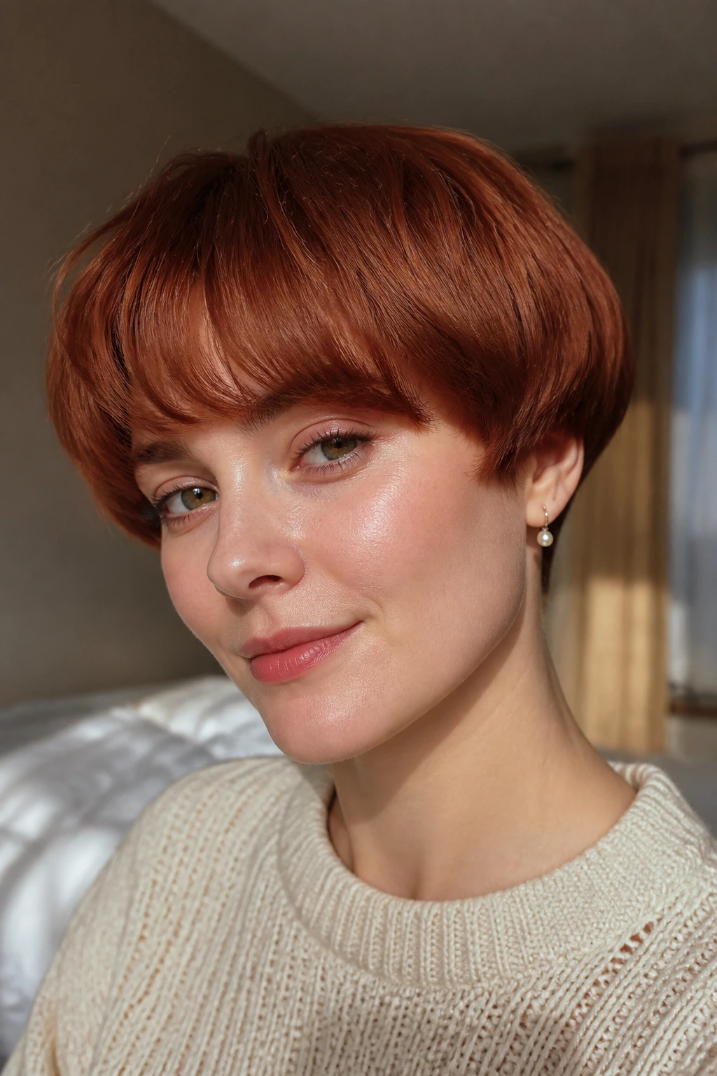 Close-up portrait of a real woman with cinnamon-red soft bowl cut and wispy bangs