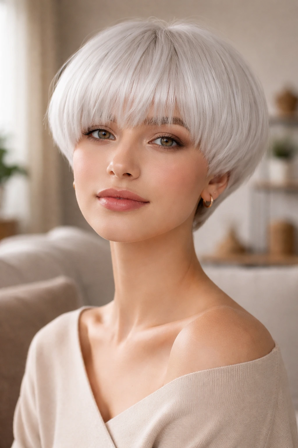 Close-up of a real person with rounded bowl cut and soft fringe in a modern living room.
